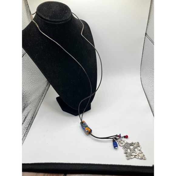 Artisan Aztec Style Metal Pendant Dangles Bolo Tie Tube on a Leather Cord! - Picture 3 of 11